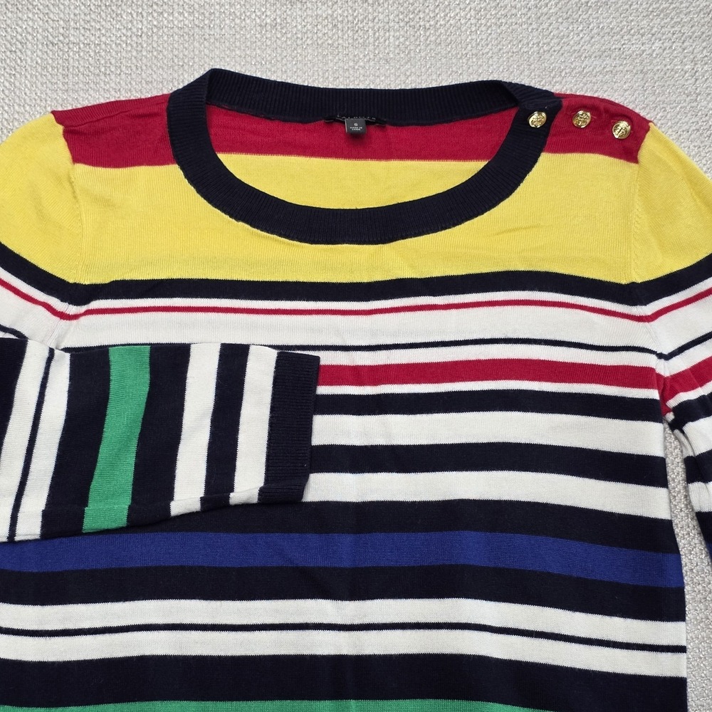 Talbots Womens Button Shoulder Rayon Blend Sweater Sz S Navy Yellow Red Stripe